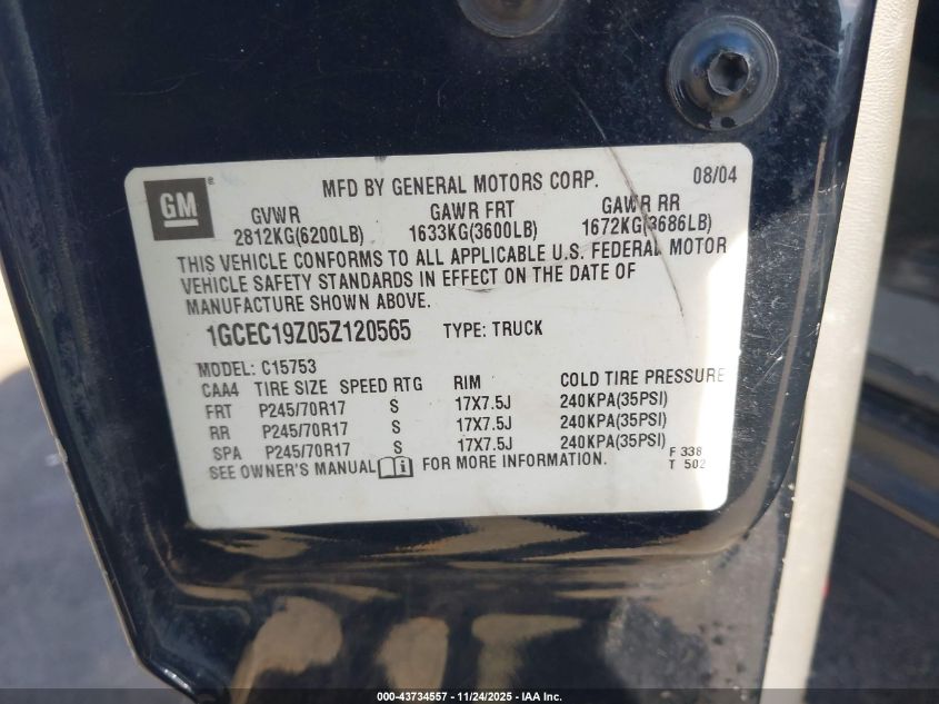 2005 Chevrolet Silverado 1500 Ls VIN: 1GCEC19Z05Z120565 Lot: 43734557