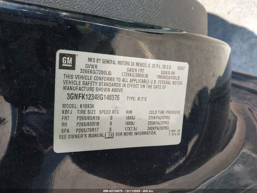 2008 Chevrolet Avalanche 1500 Lt VIN: 3GNFK12348G148376 Lot: 43734578