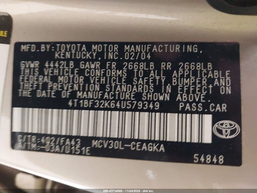 2004 Toyota Camry Le/Xle/Se VIN: 4T1BF32K64U579349 Lot: 43734588