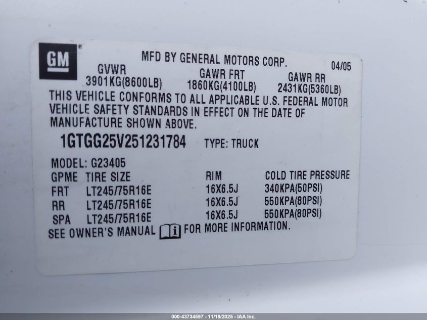 2005 GMC Savana Standard VIN: 1GTGG25V251231784 Lot: 43734597