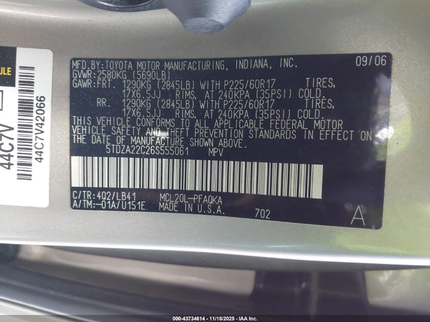 2006 Toyota Sienna Xle Limited VIN: 5TDZA22C26S555061 Lot: 43734614