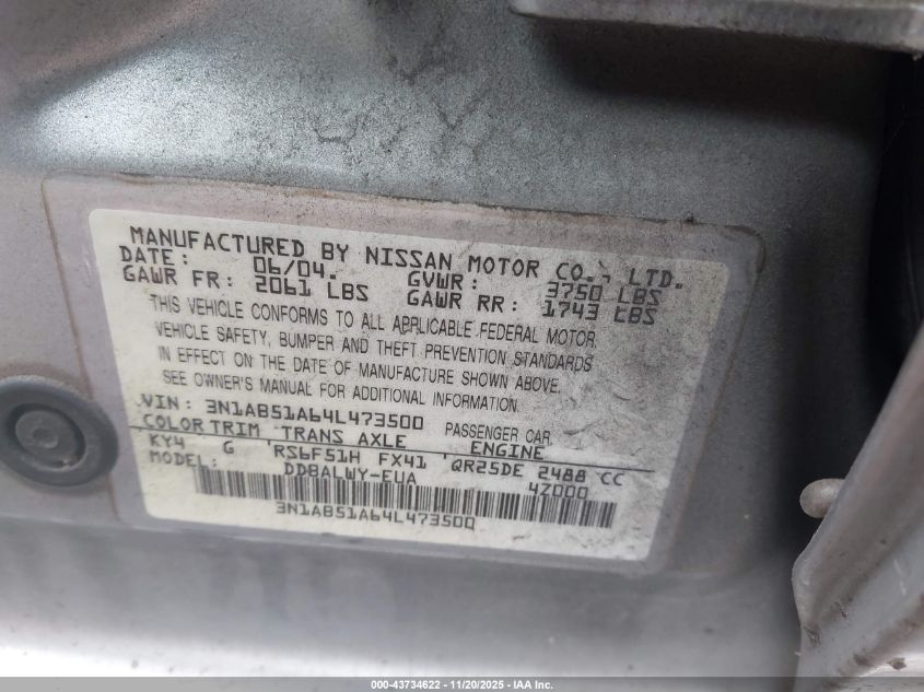 2004 Nissan Sentra Se-R Spec V VIN: 3N1AB51A64L473500 Lot: 43734622