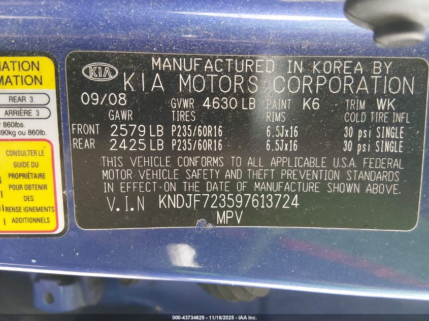 2009 Kia Sportage Ex V6 VIN: KNDJF723597613724 Lot: 43734629