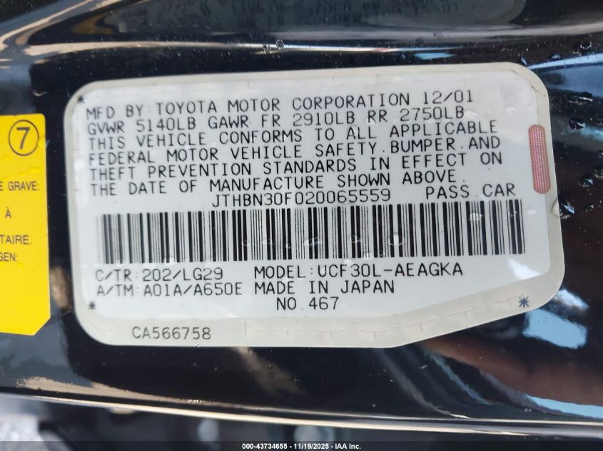 2002 Lexus Ls 430 VIN: JTHBN30F020065559 Lot: 43734655