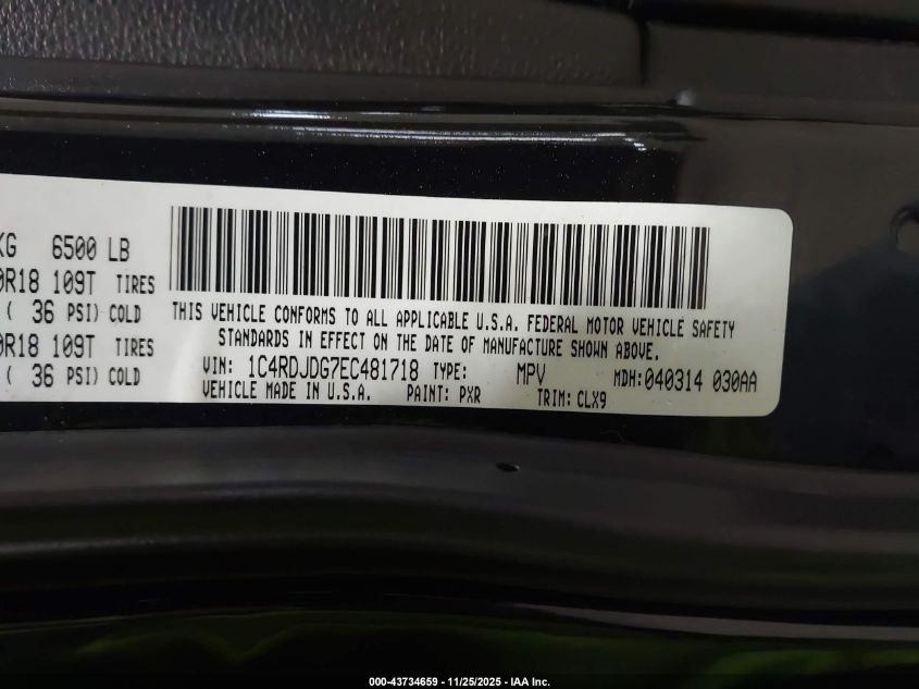 2014 Dodge Durango Limited VIN: 1C4RDJDG7EC481718 Lot: 43734659