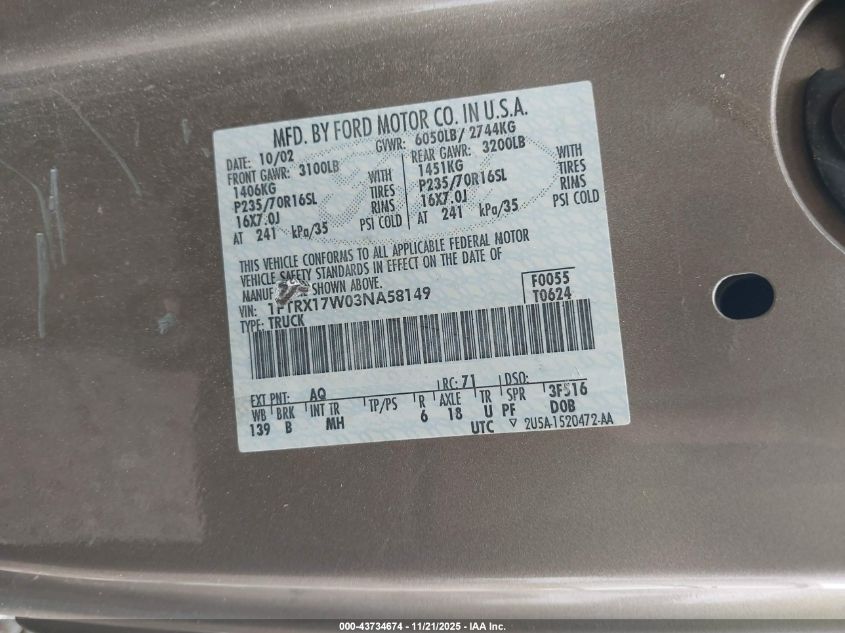 2003 Ford F-150 Lariat/Xl/Xlt VIN: 1FTRX17W03NA58149 Lot: 43734674