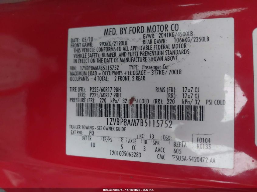 2011 Ford Mustang V6 VIN: 1ZVBP8AM7B5115752 Lot: 43734675