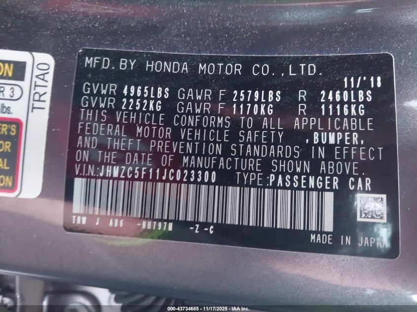 2018 Honda Clarity Plug-In Hybrid VIN: JHMZC5F11JC023300 Lot: 43734685