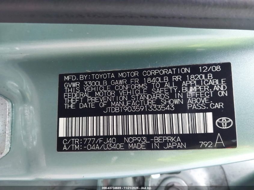 2009 Toyota Yaris VIN: JTDBT903591333543 Lot: 43734689