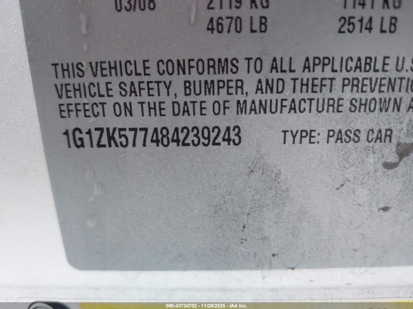 2008 Chevrolet Malibu Ltz VIN: 1G1ZK577484239243 Lot: 43734702