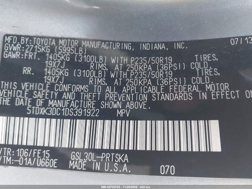 2013 Toyota Sienna Se 8 Passenger VIN: 5TDXK3DC1DS391922 Lot: 43734703