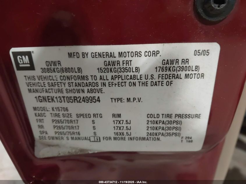 2005 Chevrolet Tahoe Z71 VIN: 1GNEK13T05R249954 Lot: 43734712