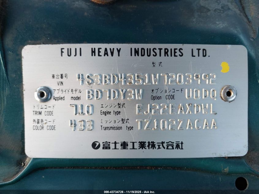 1998 Subaru Legacy L VIN: 4S3BD4351W7203992 Lot: 43734726