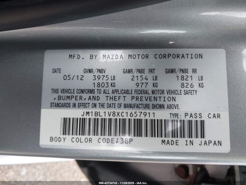 2012 Mazda Mazda3 I Touring VIN: JM1BL1V8XC1657911 Lot: 43734743