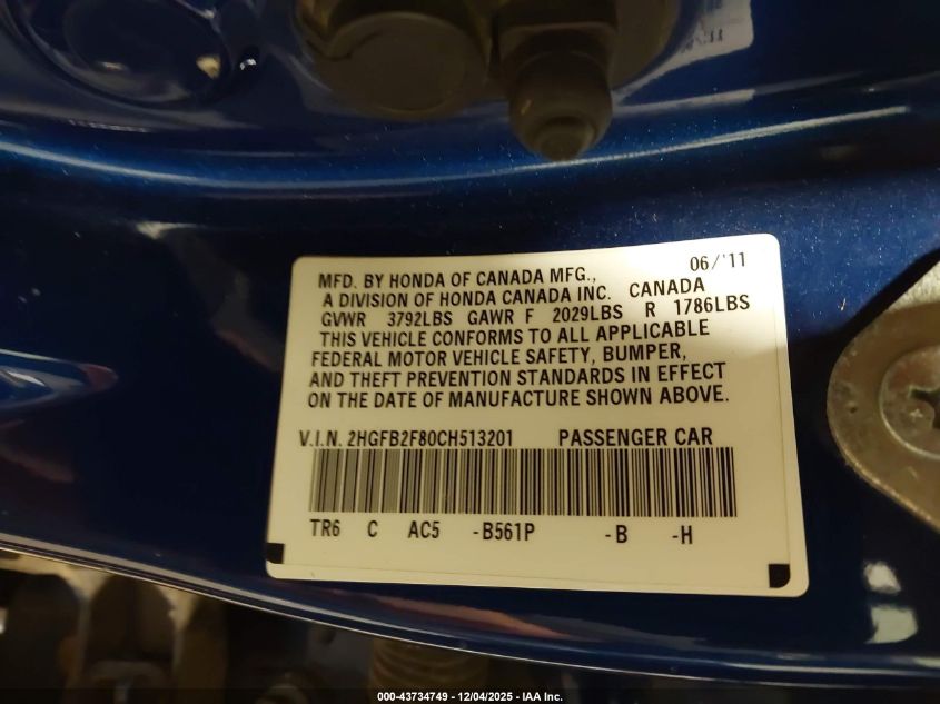 2012 Honda Civic Ex VIN: 2HGFB2F80CH513201 Lot: 43734749