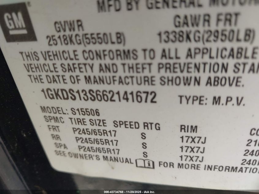 2006 GMC Envoy Slt VIN: 1GKDS13S662141672 Lot: 43734768