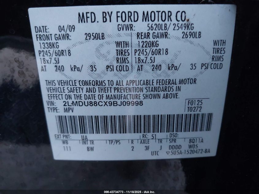 2009 Lincoln Mkx VIN: 2LMDU88CX9BJ09998 Lot: 43734773