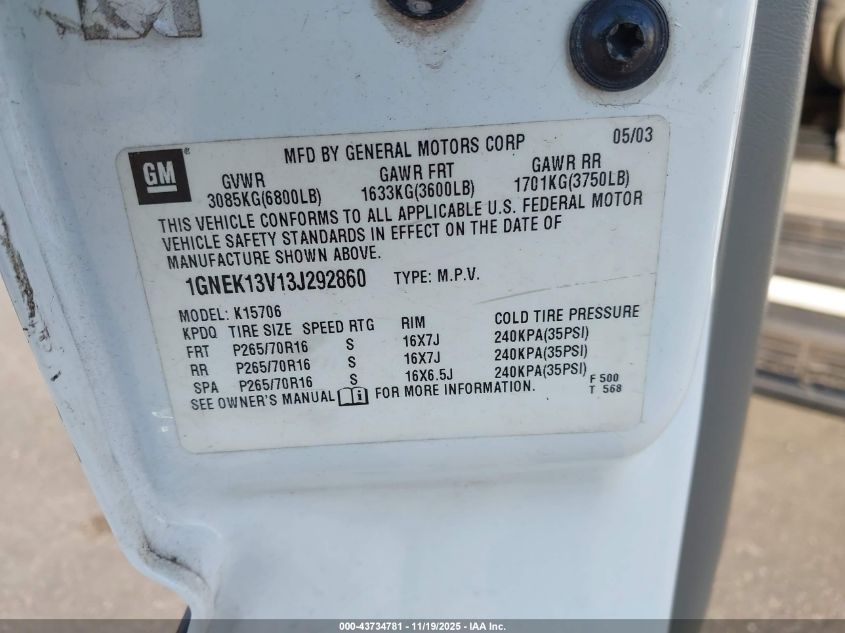 2003 Chevrolet Tahoe Ls VIN: 1GNEK13V13J292860 Lot: 43734781