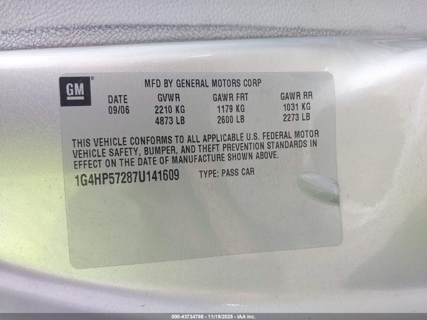 2007 Buick Lucerne Cx VIN: 1G4HP57287U141609 Lot: 43734786