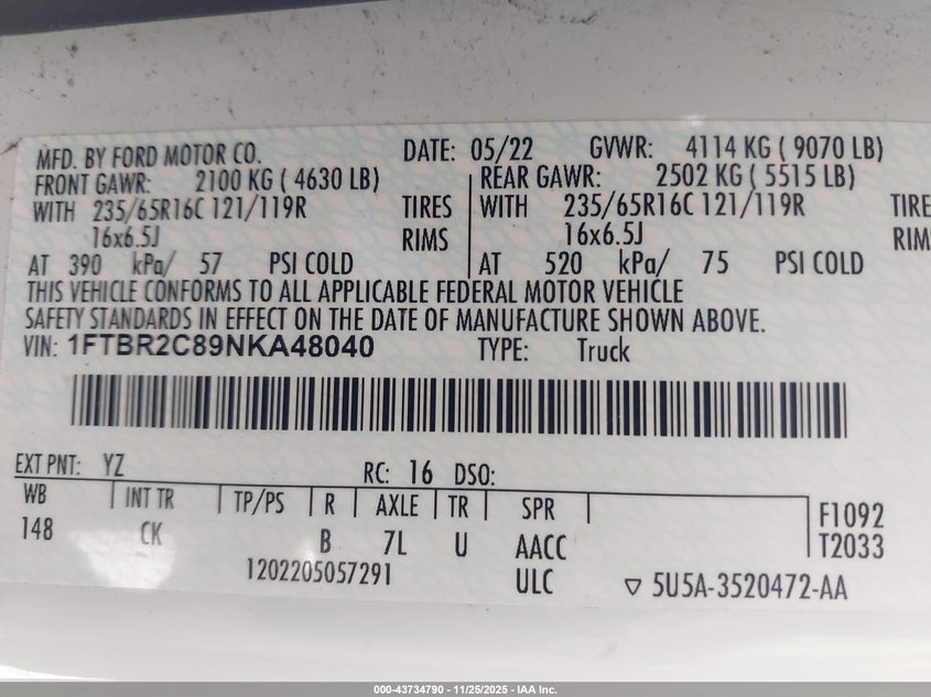 2022 Ford Transit-250 VIN: 1FTBR2C89NKA48040 Lot: 43734790