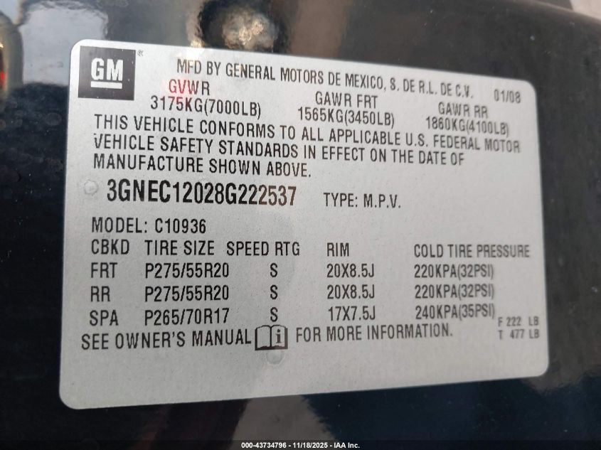 2008 Chevrolet Avalanche 1500 Lt VIN: 3GNEC12028G222537 Lot: 43734796
