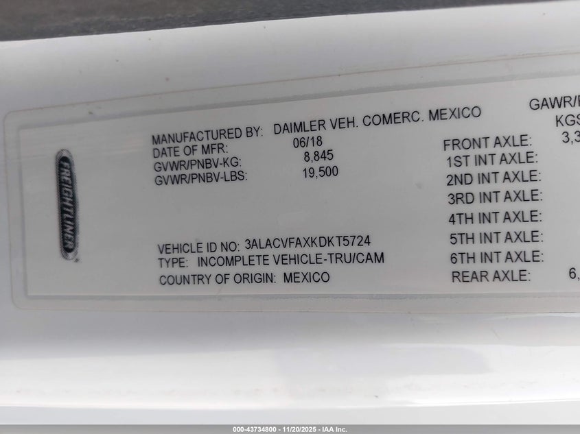 VIN 3ALACVFAXKDKT5724 2019 FREIGHTLINER M2 -106