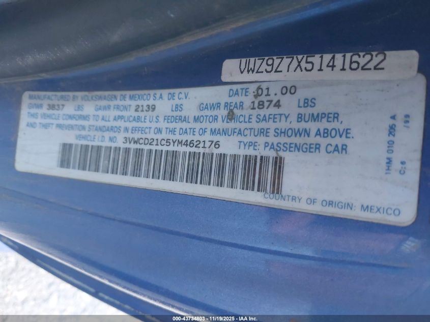 2000 Volkswagen New Beetle Gls 1.8L Turbo VIN: 3VWCD21C5YM462176 Lot: 43734803