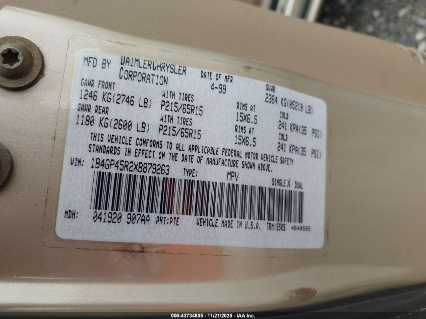 1999 Dodge Caravan Se VIN: 1B4GP45R2XB879263 Lot: 43734805