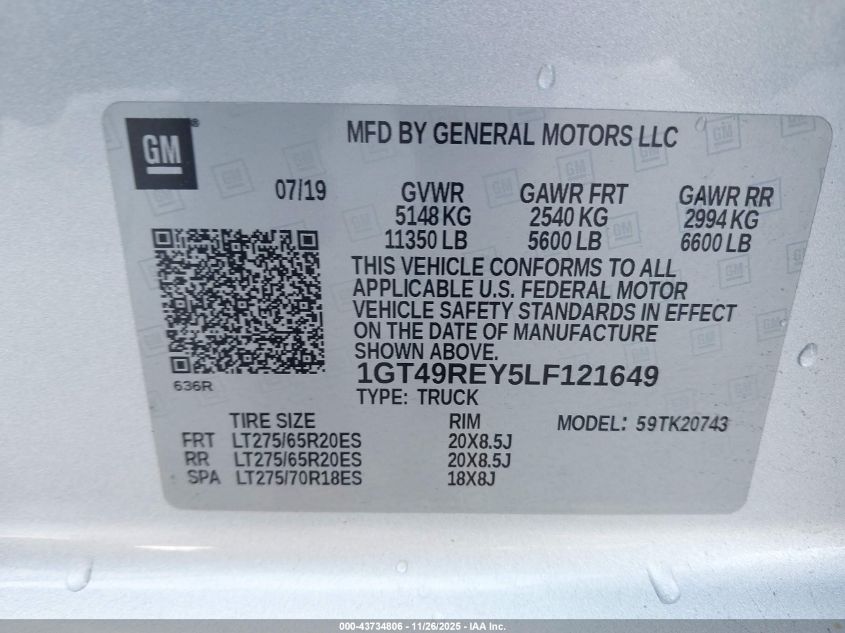 2020 GMC Sierra 2500Hd 4Wd Standard Bed Denali VIN: 1GT49REY5LF121649 Lot: 43734806