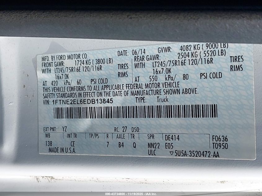2014 Ford E-250 Commercial VIN: 1FTNE2EL6EDB13845 Lot: 43734808