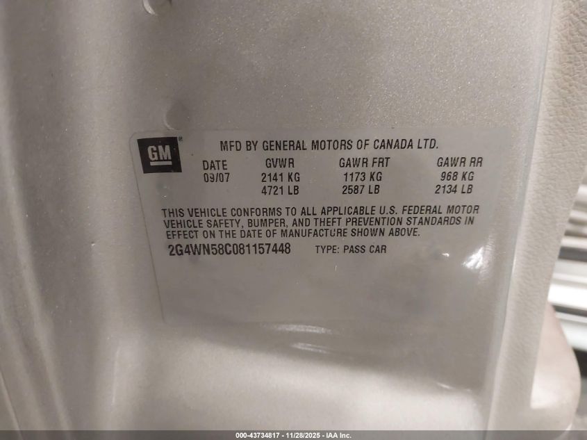 2008 Buick Lacrosse Super VIN: 2G4WN58C081157448 Lot: 43734817