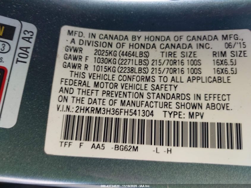 2015 Honda Cr-V Lx VIN: 2HKRM3H36FH541304 Lot: 43734820