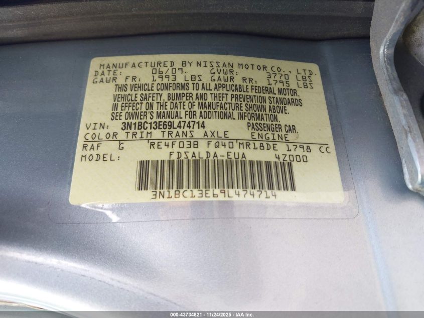 2009 Nissan Versa 1.8S VIN: 3N1BC13E69L474714 Lot: 43734821