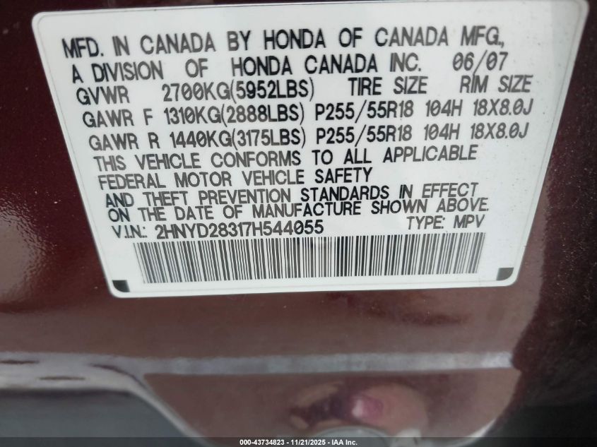 2007 Acura Mdx Technology Package VIN: 2HNYD28317H544055 Lot: 43734823