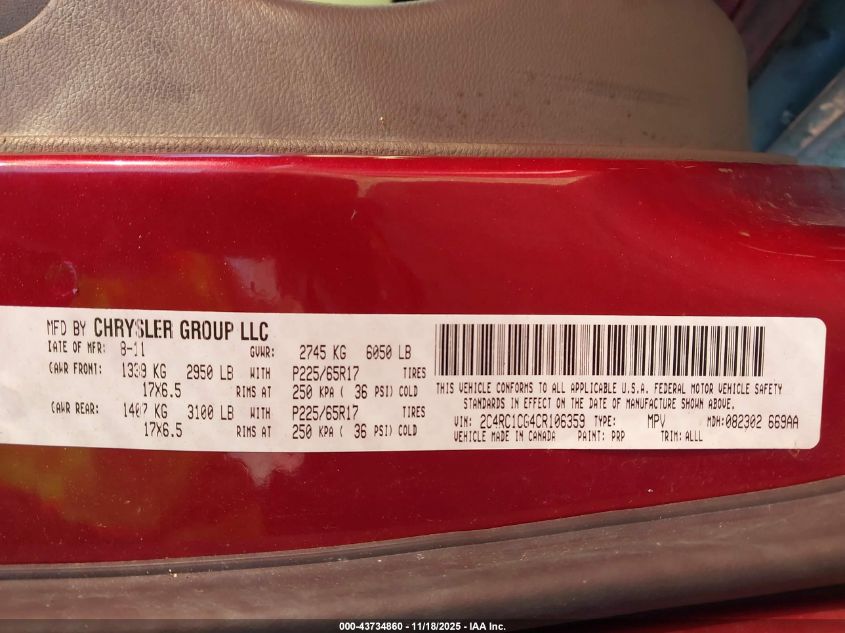 2012 Chrysler Town & Country Touring-L VIN: 2C4RC1CG4CR106359 Lot: 43734860