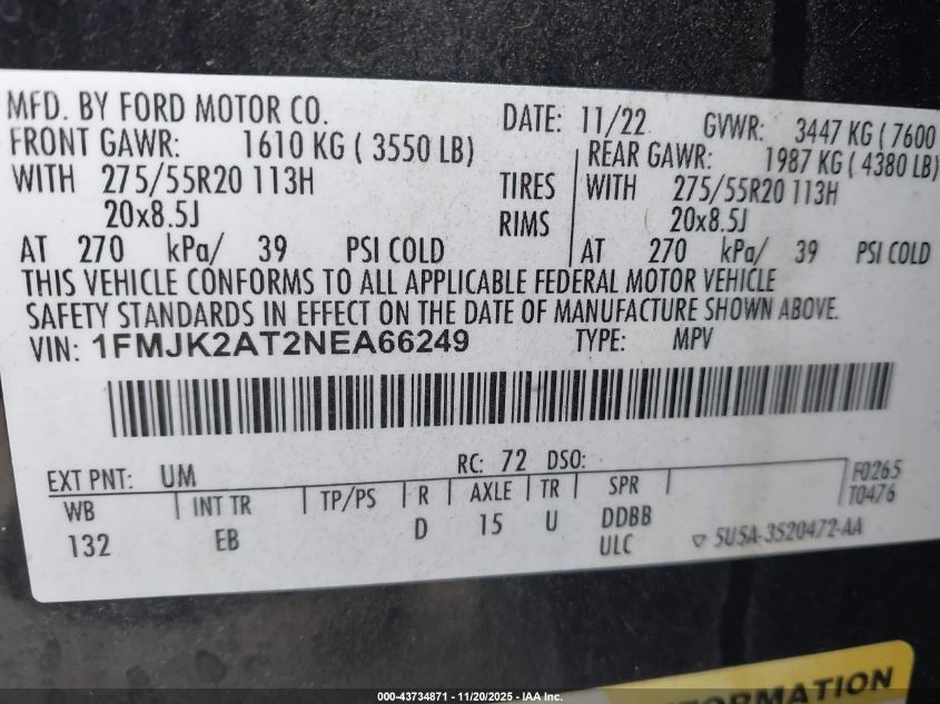 2022 Ford Expedition Max Limited VIN: 1FMJK2AT2NEA66249 Lot: 43734871