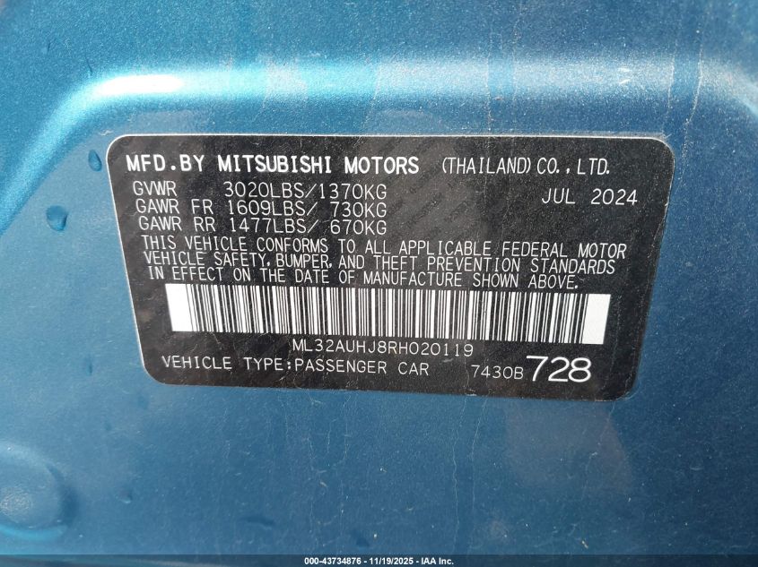 2024 Mitsubishi Mirage Es/Le VIN: ML32AUHJ8RH020119 Lot: 43734876