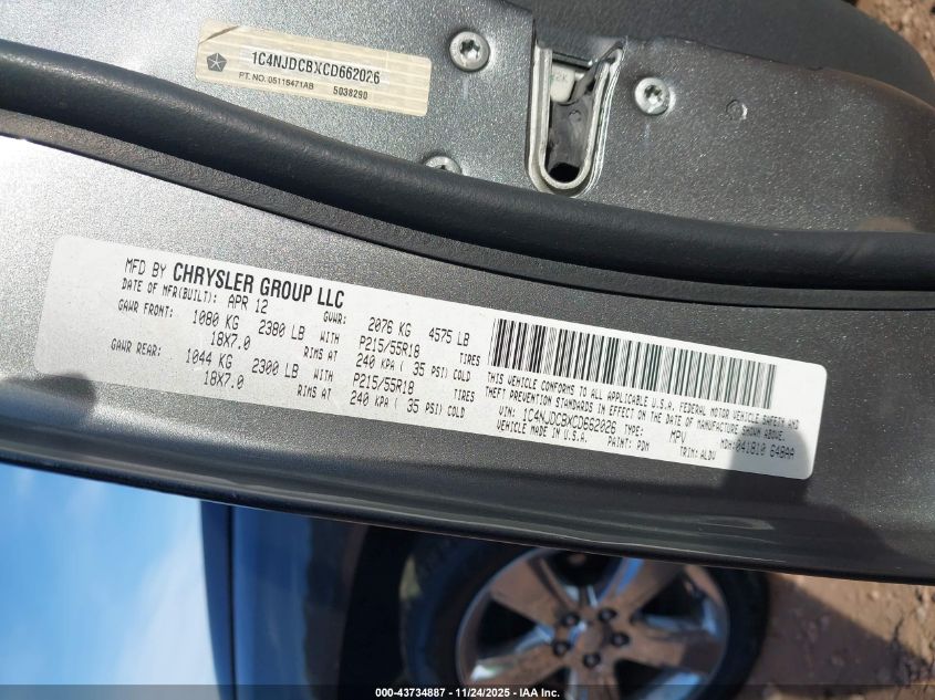 2012 Jeep Compass Limited VIN: 1C4NJDCBXCD662026 Lot: 43734887