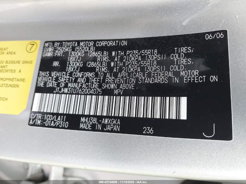 2006 Lexus Rx 400H VIN: JTJHW31U762004075 Lot: 43734896