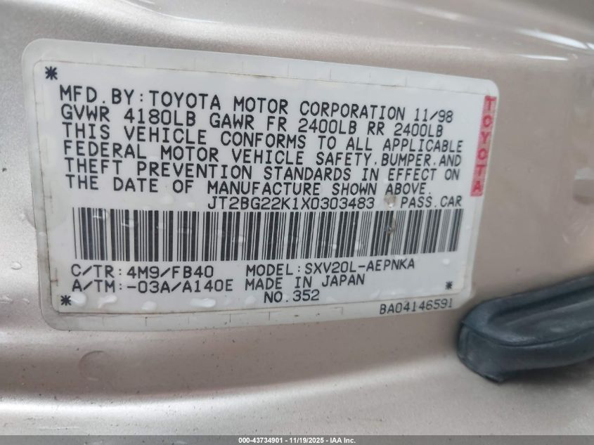 1999 Toyota Camry Le VIN: JT2BG22K1X0303483 Lot: 43734901