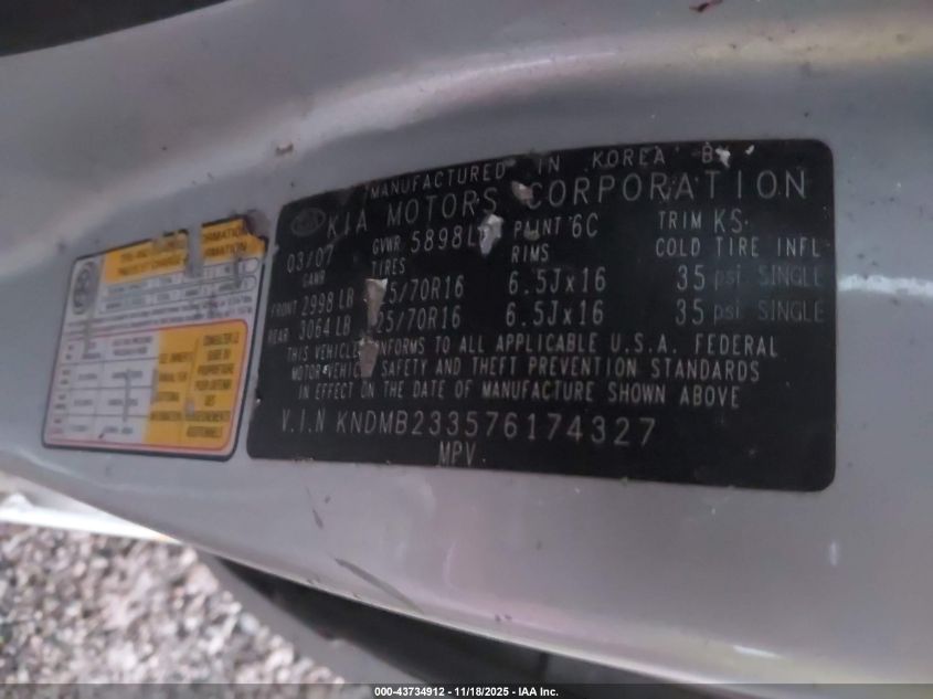 2007 Kia Sedona Lx VIN: KNDMB233576174327 Lot: 43734912