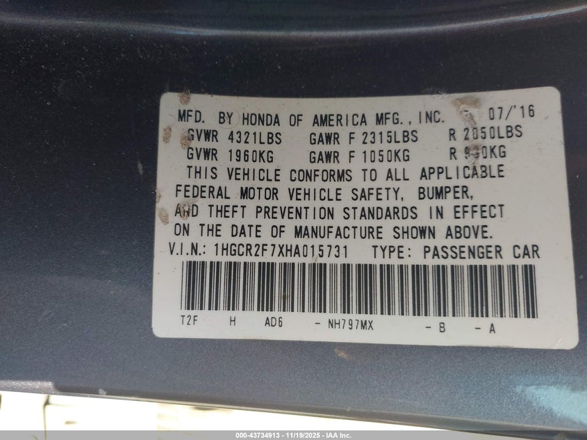 1HGCR2F7XHA015731 2017 HONDA ACCORD photo no. 9