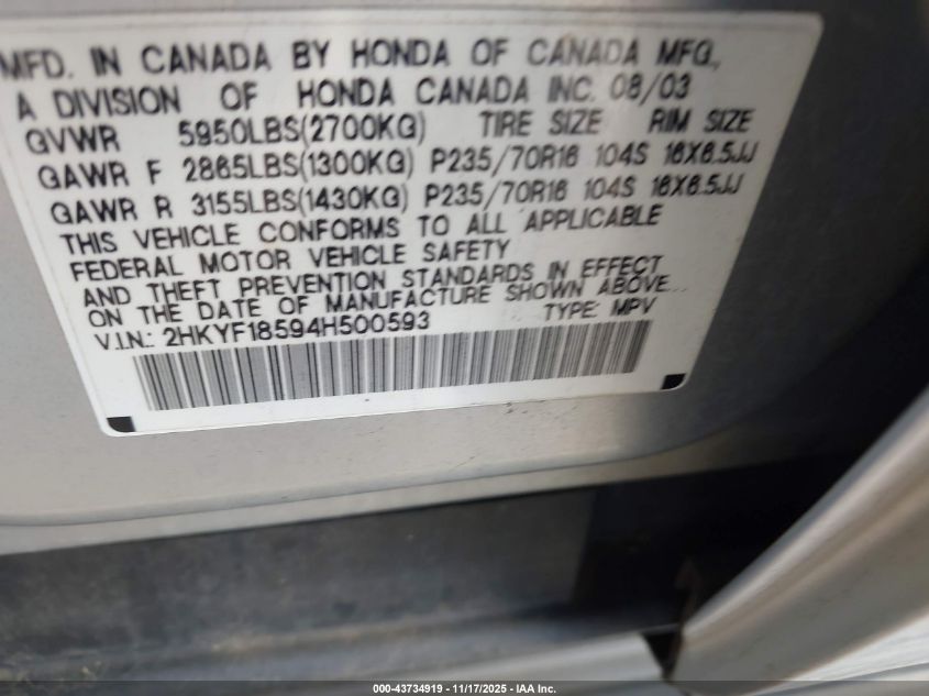 2004 Honda Pilot Ex-L VIN: 2HKYF18594H500593 Lot: 43734919