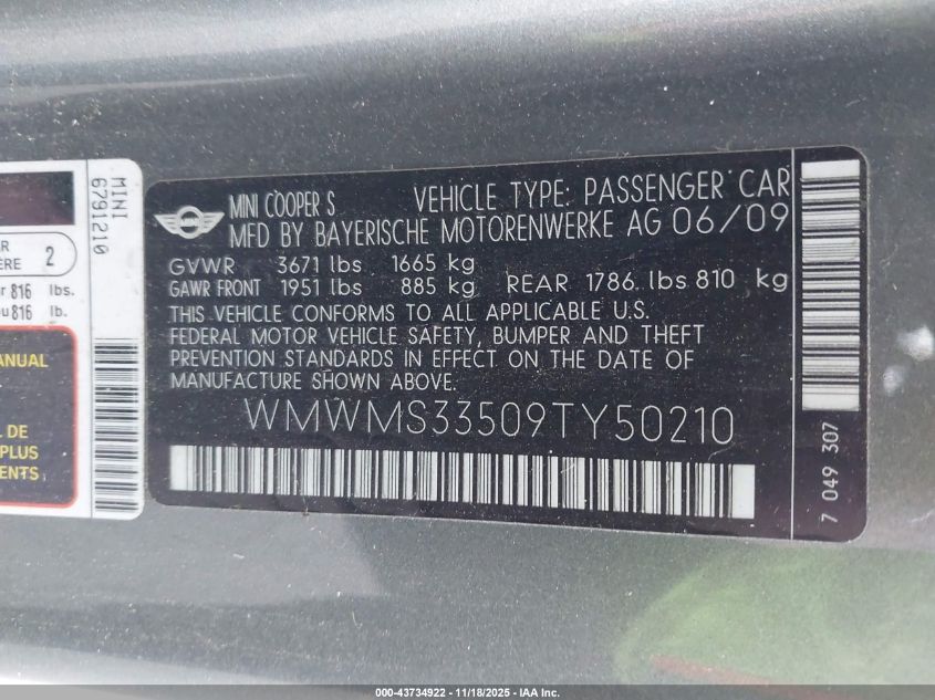 2009 Mini Cooper S VIN: WMWMS33509TY50210 Lot: 43734922