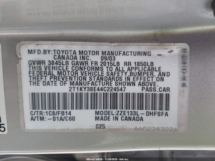 2004 Toyota Matrix Xrs VIN: 2T1KY38E44C224547 Lot: 43734929