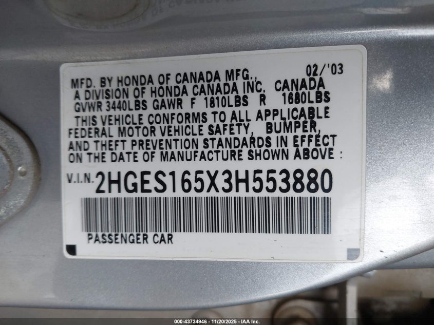 2003 Honda Civic Lx VIN: 2HGES165X3H553880 Lot: 43734946