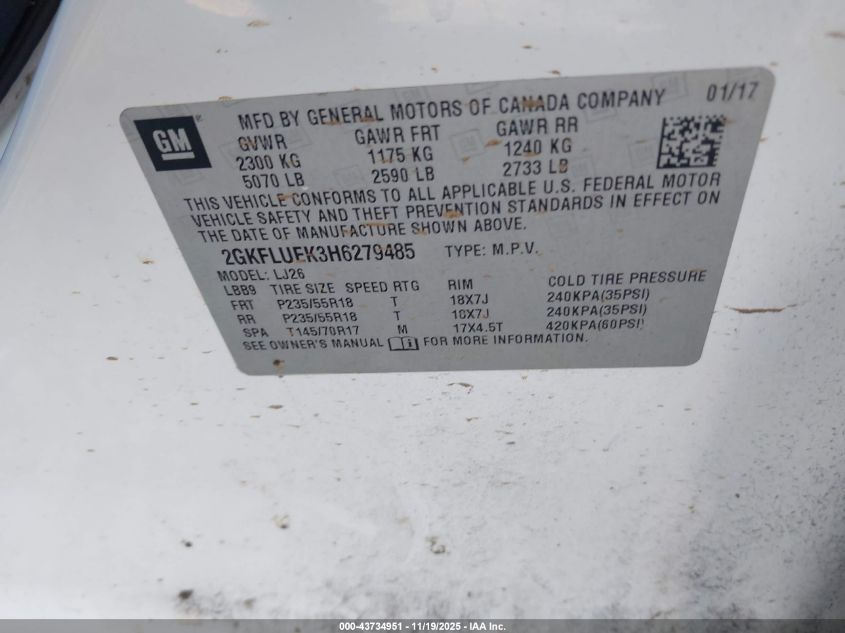 2017 GMC Terrain VIN: 2GKLFLUEK3H627948 Lot: 43734951