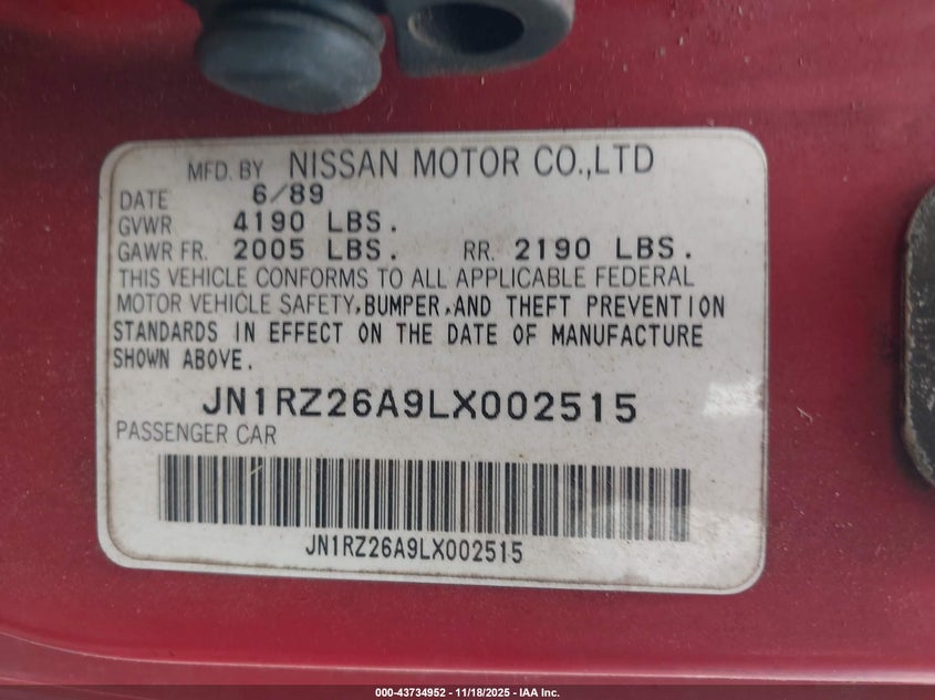 1990 Nissan 300Zx 2+2 VIN: JN1RZ26A9LX002515 Lot: 43734952