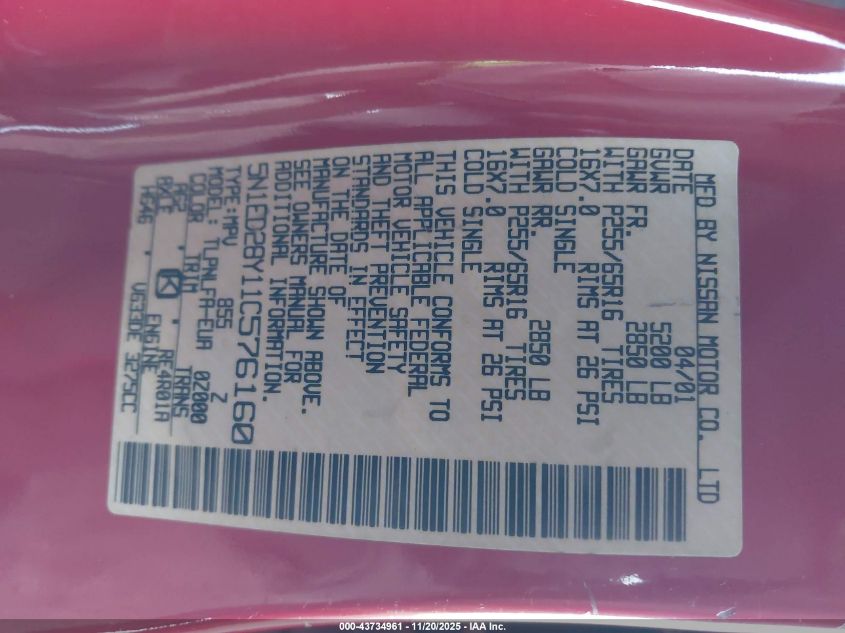 2001 Nissan Xterra Se VIN: 5N1ED28Y11C576160 Lot: 43734961