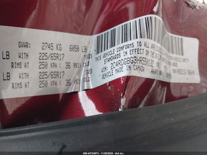 2017 Dodge Grand Caravan Se VIN: 2C4RDGBG3HR550132 Lot: 43734973